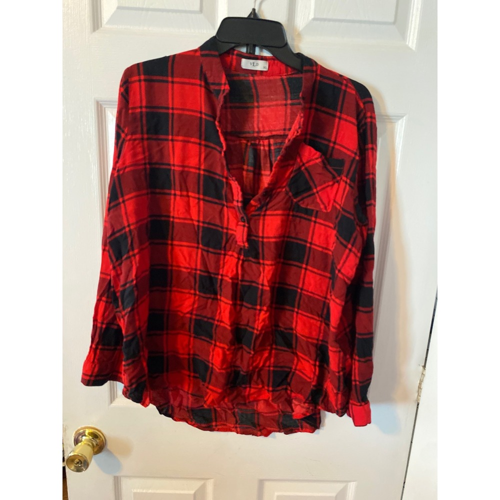 VLD Womens Red Black Buffalo Plaid Rayon Henley Long Sleeve Blouse XL